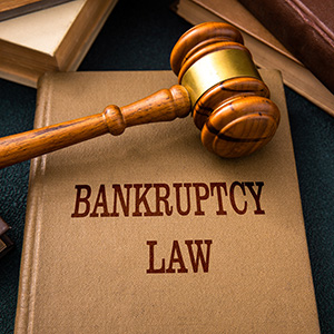A gavel resting on a book titled BANKRUPTCY LAW with other law books in the background.